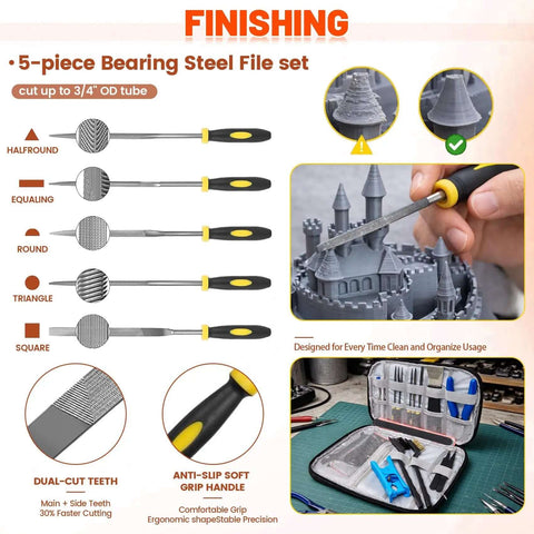 Ultimate All In One 50 Piece 3D Printer Tool Kit For Cleaning And Finishing With Nozzle Cleaners Scrapers Files Wire Cutters Craft Knife Tube Cutter Wrench Tweezers And More In A Handy Tool Bag The Starter Kit Every Maker Needs showing 5-piece steel file set and usage scene