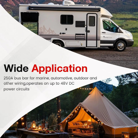 Built Like A Tank 12 Volt 250A Bus Bar And Power Distribution Block With Durable Cover For Marine Automotive Rv Solar Rig Featuring Fire Retardant Nylon Housing And M10 Terminals In Red Black Set displayed near a camper and tent, showcasing outdoor power utility.
