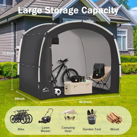 Outdoor Bike Storage Shed Tent With Waterproof Shelter For Bicycles, Large Portable Garage Tent with bikes and gardening tools inside.