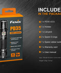 PD35 V2.0 Flashlight packaging with accessories list including holster, lanyard, O-rings, switch boot, card, manual