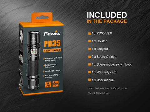 PD35 V2.0 Flashlight packaging with accessories list including holster, lanyard, O-rings, switch boot, card, manual
