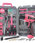 Pink 8V Cordless Drill Set For Home DIY Projects A Handy Workhorse USB Rechargeable Tool Kit With Essential Household Tools For Quick Furniture Assembly And Everyday Repairs Not For Brick Tile Or Concrete, showing drill and tools in case