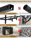 Comparison of outdoor firewood rack materials; shows heavy-duty eight-leg frame with weatherproof 600D Oxford cover.