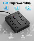 Heavy Duty Six Foot Flat Plug Extension Cord With Surge Protection Power Strip featuring eight AC outlets and six USB ports.