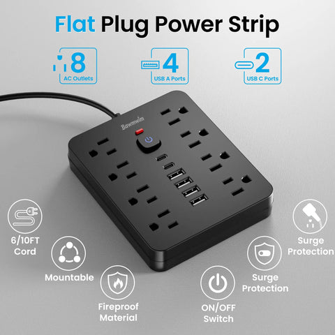 Heavy Duty Six Foot Flat Plug Extension Cord With Surge Protection Power Strip featuring eight AC outlets and six USB ports.