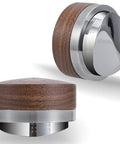 Walnut 58.35mm Espresso Distribution Tool, Adjustable Depth, Stainless Steel Leveler For 58mm Portafilters, shown front and side view.