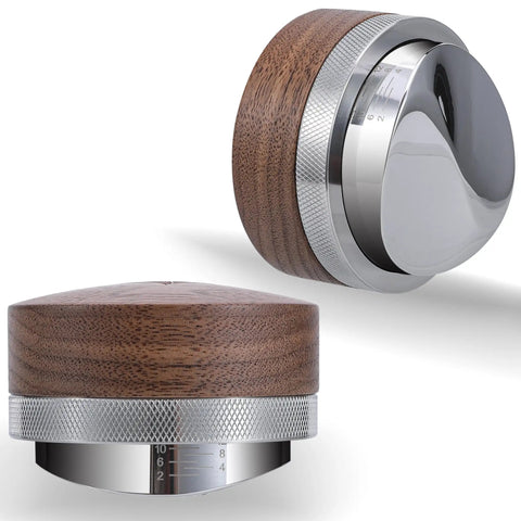 Walnut 58.35mm Espresso Distribution Tool, Adjustable Depth, Stainless Steel Leveler For 58mm Portafilters, shown front and side view.