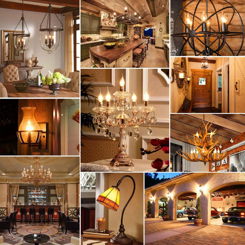 Fully Dimmable E12 Candelabra LED Bulbs 60W Incandescent Equivalent 2700K Warm White Clear Filament Chandelier Light Bulbs 6W 600lm Flame Tip Vintage Ceiling Fan 12 Pack in various lighting fixtures.