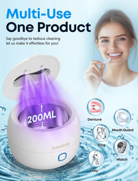 Heavy Duty 45Khz Ultrasonic Cleaning Pod For Jewelry Eyeglasses And Watches Kickin Real Grit To The Curb With Sonic Bubbling Tech For Straight Up Spotless Dentures And Retainers In Clean White 200ml compact ultrasonic cleaner with UV light for effective cleaning.