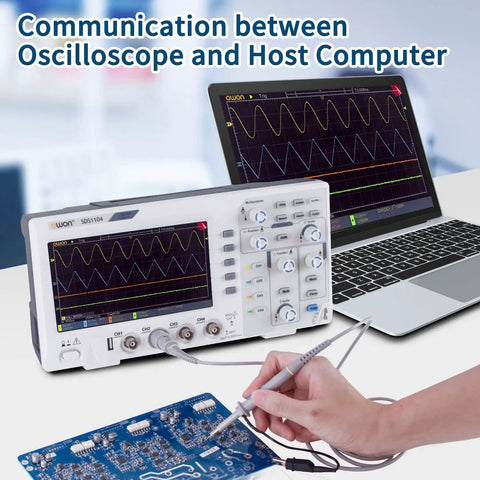 100MHz Four Channel Digital Storage Oscilloscope with 7 Inch LCD in use, connected to circuit board and laptop, showing waveform analysis