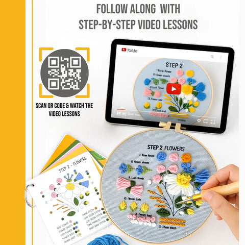 Beginner Punch Needle Kit With 14 Stitches Learn And Create A Simple DIY Embroidery Project For Adults on tablet and hoop