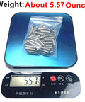 Fifty Pack Stainless Steel Hex Socket Set Screws One Quarter Twenty By Three Quarter Inch Length With Allen Head And One Eighth Inch Allen Wrench Included Built Tough For Heavy Duty Machinery And Everyday Projects in a plastic bag on a digital scale showing weight.