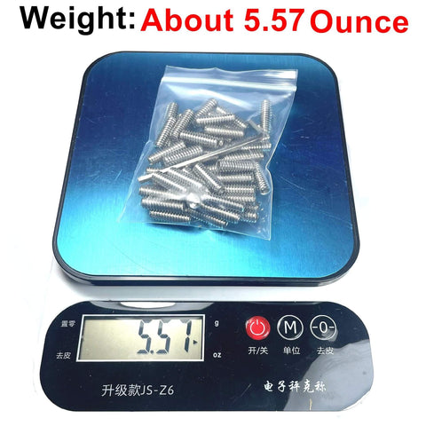 Fifty Pack Stainless Steel Hex Socket Set Screws One Quarter Twenty By Three Quarter Inch Length With Allen Head And One Eighth Inch Allen Wrench Included Built Tough For Heavy Duty Machinery And Everyday Projects in a plastic bag on a digital scale showing weight.