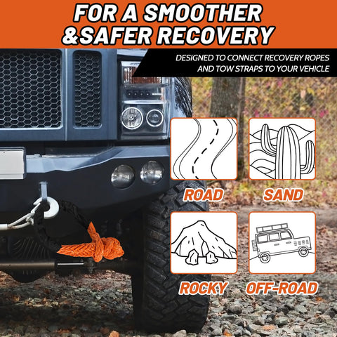 Beefy Half Inch By Twenty Two Feet Recovery Shackle For Off Road SUVs ATVs And Trucks Synthetic Orange With Sleeves on vehicle bumper