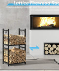 Two Tier Indoor And Outdoor Firewood Rack Portable Heavy Duty Easy To Assemble With Four Hooks To Stow Logs Near Fireplace