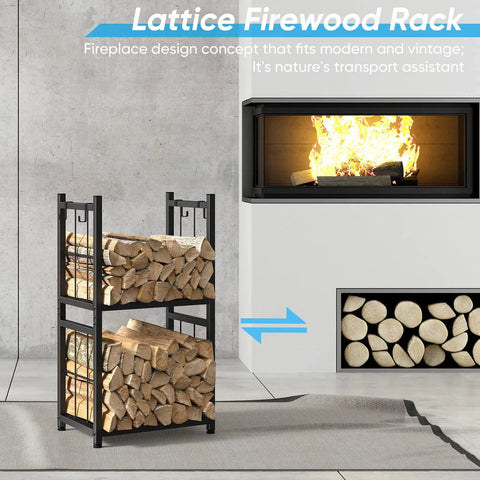 Two Tier Indoor And Outdoor Firewood Rack Portable Heavy Duty Easy To Assemble With Four Hooks To Stow Logs Near Fireplace