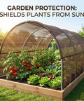 Mocha Shade Cloth With Ninety Percent UV Block Mesh Tarp on garden protecting plants from sun, heavy duty HDPE pergola use.