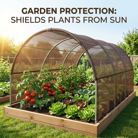 Mocha Shade Cloth With Ninety Percent UV Block Mesh Tarp on garden protecting plants from sun, heavy duty HDPE pergola use.