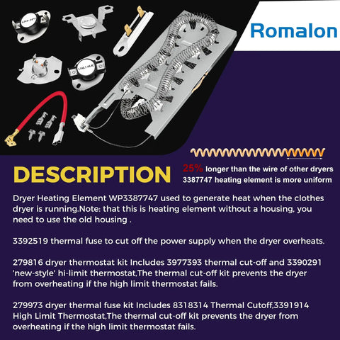 Dryer Heating Element Kit 3387747 4 Piece Repair Set DIY Friendly With components including heating element and fuses visible.