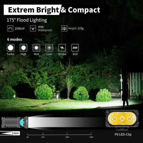 X2 Rechargeable EDC Flashlight 2500 Lumen Portable Pocket Light illuminating garden with wide flood P9 LED 6 modes