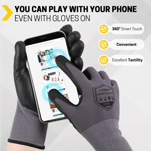 Micro Foam Nitrile Coated Work Gloves 32 Pairs Seamless Knit Nylon Touchscreen Ready Grip holding a phone.