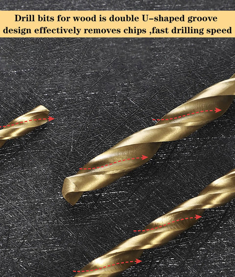 Top Shelf 230 Piece Titanium Twist Drill Bit Kit Featuring 135 Degree Split Points For Wood Metal Plastic And Alloy. Quick Penetration With U-Flute Chip Evacuation And Stable Straight Shank Design To Prevent Walking. Perfect Heavy Duty Tool Set Stored In gold twist drill bits with U-shaped flutes for wood