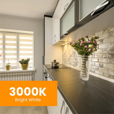 Modern kitchen with 3000K lighting showcasing T4 LED G9 Base Bulb Dimmable 35W Equivalent Warm White 3000K 120V 350 Lumens