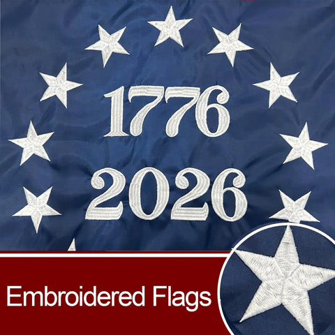 Close-up of embroidered stars and dates on Single Sided Embroidered Betsy Ross 1776 Flag 3x5 Ft Outdoor US 13 Colonies Banner.