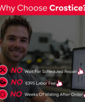Man smiling in a workshop setting promoting Crostice services with text highlighting no repair waits or fees.