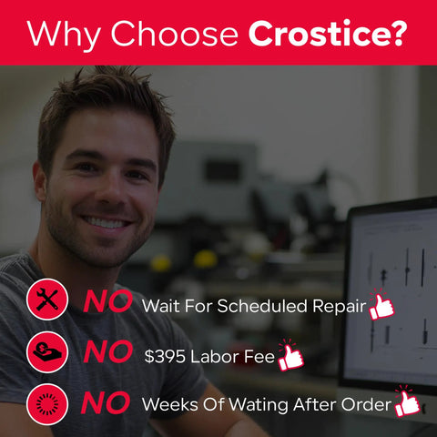 Man smiling in a workshop setting promoting Crostice services with text highlighting no repair waits or fees.