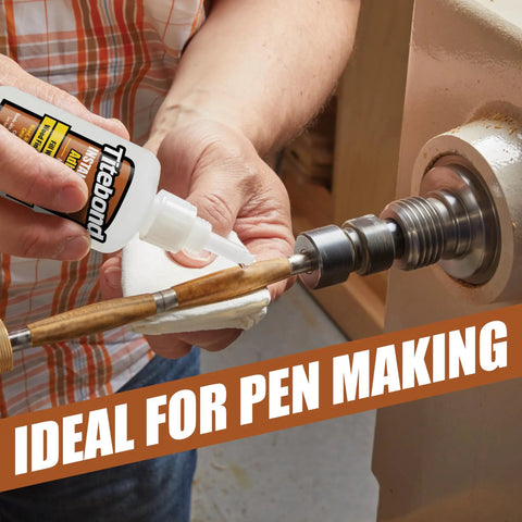 Instant Bond Medium CA Glue For Wood And Crafts used in pen making on lathe, demonstrating quick-set adhesive for woodworking.