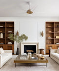 Swanky Speakeasy 60 Inch Indoor Ceiling Fan With Matte White Finish mounted in a stylish living room with beige furniture.