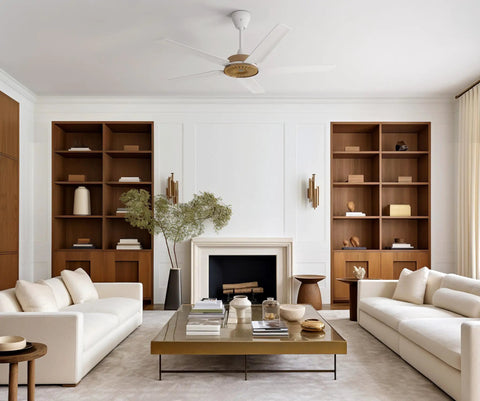 Swanky Speakeasy 60 Inch Indoor Ceiling Fan With Matte White Finish mounted in a stylish living room with beige furniture.