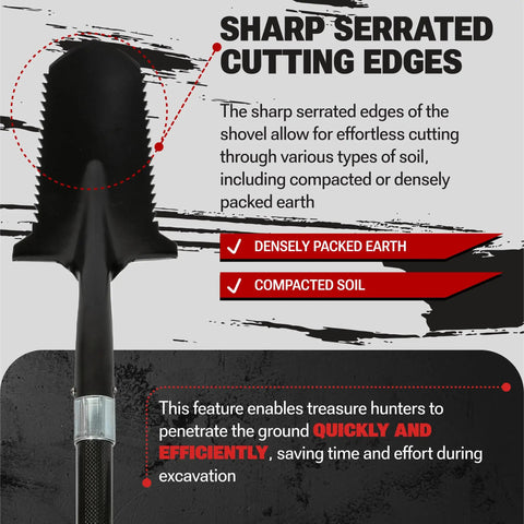 Lightweight Carbon Steel Metal Detecting Shovel With Double Serrated Blade For Treasure Hunting And Garden Digging.