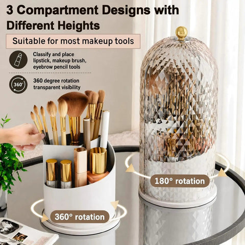 Rotating Makeup Brush Holder With Lid Diamond Pattern Storage Box for vanity and bathroom 360 degree spin view with tools