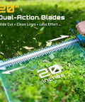 Cordless 20V Hedge Trimmer With 20 Inch Dual Action Blades Dual 4.0Ah Batteries Rotatable Handle cutting through hedge
