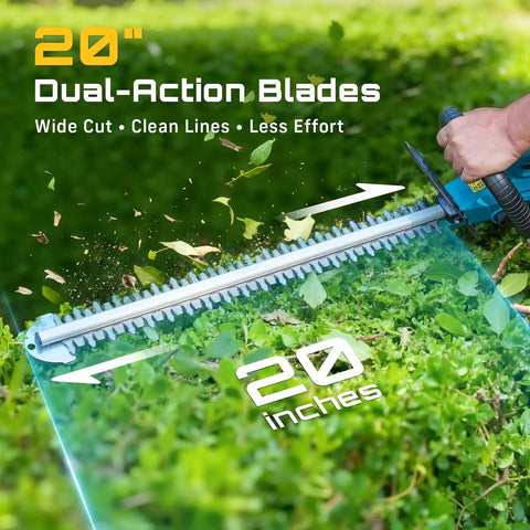 Cordless 20V Hedge Trimmer With 20 Inch Dual Action Blades Dual 4.0Ah Batteries Rotatable Handle cutting through hedge