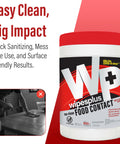 Image of WipesPlus no-rinse food contact cleaning wipes canister with easy clean and big impact text, effective in restaurants.