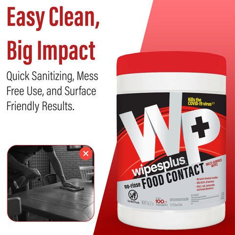 Image of WipesPlus no-rinse food contact cleaning wipes canister with easy clean and big impact text, effective in restaurants.