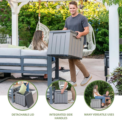 Versatile Outdoor Storage Cube Deck Box Doubles As Cozy Bench Seat And 25 Gallon Capacity Weather Resistant patio organizer in use.