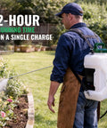 Man using 3 Gallon Backpack Sprayer Battery Powered With 18V Compatibility Translucent Tank Seven Nozzles And Adjustable Pressure