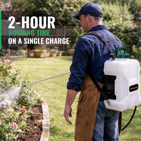 Man using 3 Gallon Backpack Sprayer Battery Powered With 18V Compatibility Translucent Tank Seven Nozzles And Adjustable Pressure