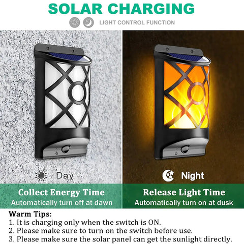 Image of 6 Pack Solar Flame Lights Outdoor Realistic 3D Flickering Flames Wall Lanterns with 66 Ultra Bright LEDs showcasing day-night mode.