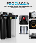 Elite Series 3 Stage Whole House Water Filtration System with pressure gauges and 1-inch ports for city and well water.