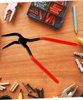 Seam Metal Bender Tool Hand Seamer Pliers for sheet metal bending on a wooden surface surrounded by various tools and screws.