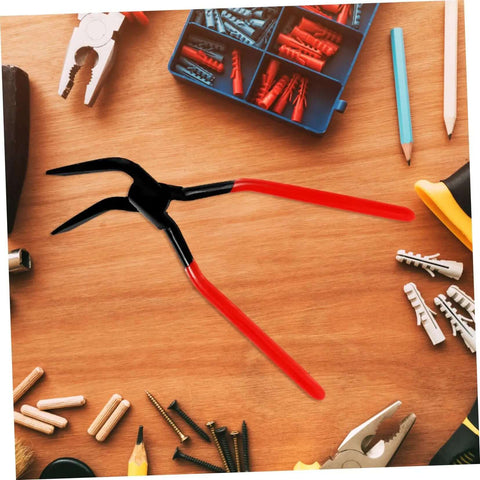 Seam Metal Bender Tool Hand Seamer Pliers for sheet metal bending on a wooden surface surrounded by various tools and screws.