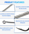 Close-up of 150 PCS J Hooks With Baitholder Long Shank showing features: dual barbs, rigged eye, sharp point, and friction scratches.