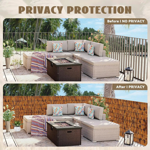Natural Reed Fencing Roll 4 By 16 Ft Handwoven Bamboo Privacy Screen Before and After Patio View Light Russet Finish