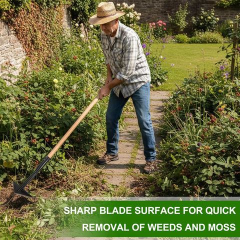 Person using 6 Inch Wide Triangle Hoe With 60 Inch Wood Handle Scuffle Hoe For Quick Weeding And Cultivation Beefy Steel Triangle Head Garden Tool in garden