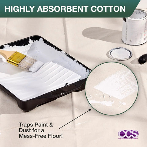Cotton Duck Canvas Drop Cloth 12 By 15 Feet for Painting and DIY Projects with paint tray and brush, trapping paint and dust.
